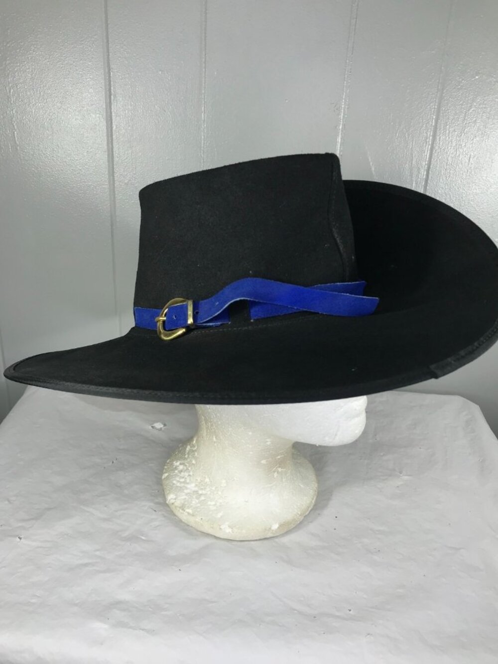 Excalibur Black Fine Leather Blue Trim Cowboy Western Hat, Marked Size MD 7 3/8
